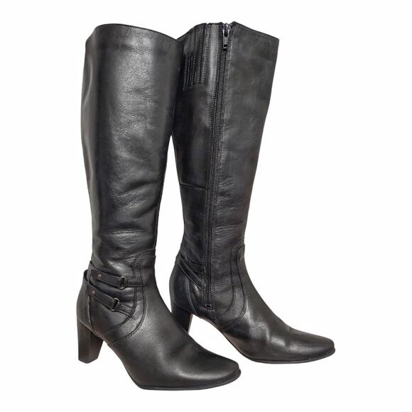 JOMET D Knee High Black Leather Boots US Sz 8.5 Stretch Calf Opening EU Size 39 - Picture 6 of 16